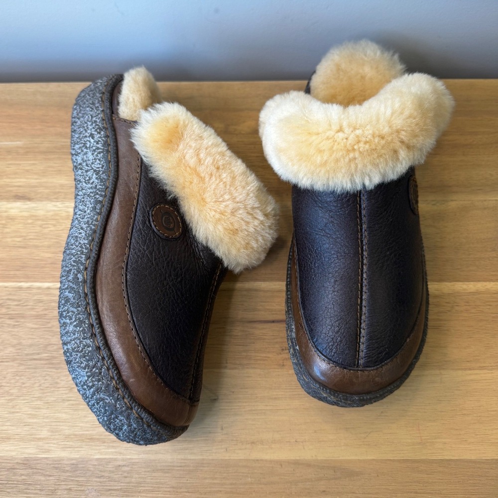 Born Women 7 EU 38 Brown Leather Shearling Lined Clog Mules Slippers Boho Casual